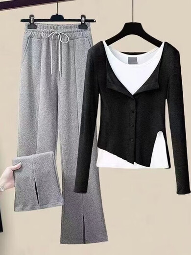 New women's suit spring and autumn gray fake two-piece tops bottoming shirt slit wide-leg casual pants three-piece set for women gray top + vest + gray pants three M