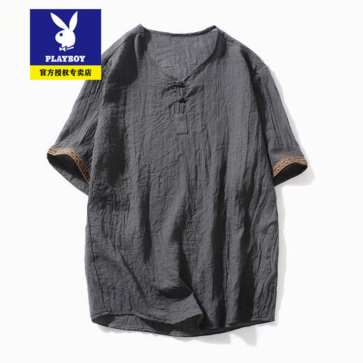 
Playboy Tang suit men short-sleeved men summer thin youth Chinese style retro buckle half-sleeved T-shirt Chinese style ancient style men's clothing 686 meters white M Reference 85-100Jin [Jin equals 0.5 kg]