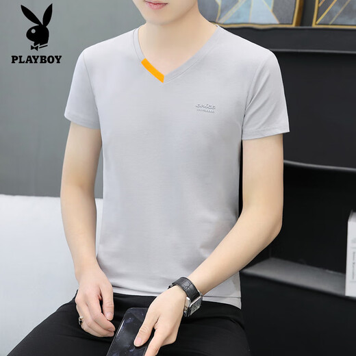 Playboy (Playboy) Sommer Neue Männer Pure Cotton V-Ausschnitt mit halbärmeligem T-Shirt Trendy Casual Letters Drucken Hühnerhart Hals kurzärmelig T-Shirt 691 Hellgrau M 90-100jin [Jin entspricht 0,5 kg]