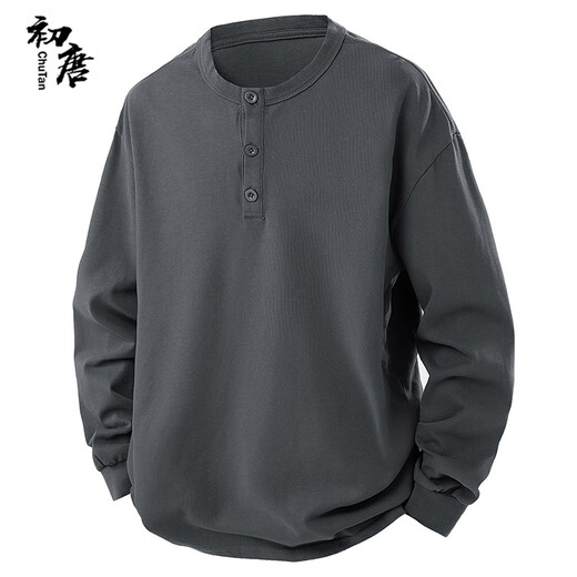 Early Tang heavyweight pure cotton long-sleeved T-shirt men's washed Henley round neck spring and autumn pullover clothes gray 2XL