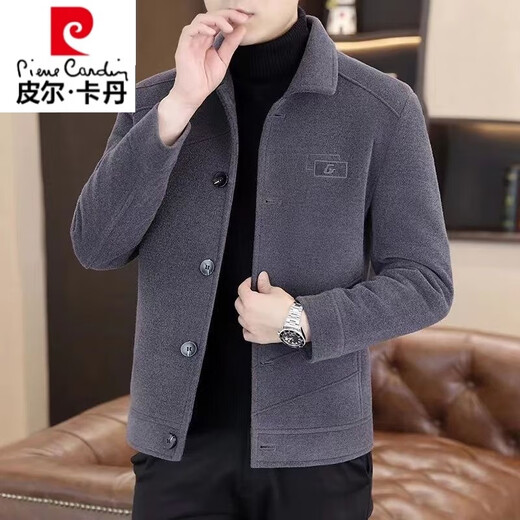 皮尔卡丹高档时尚潮流新男士呢子外套秋冬季新款秋冬毛呢大衣休闲翻领夹克 9858[黑色] M