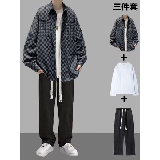 Traje de camisa a cuadros de manga larga de primavera y otoño VZVG para niños Hong Kong estilo guapo con jeans modernos de tres piezas SET A [3 piezas] 684 Camisa Caki + Long T + 5080 3xl