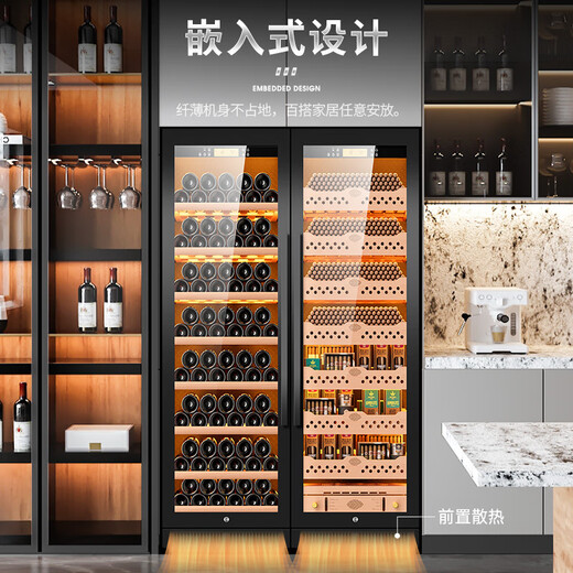 CIGARLOONG CL-188C2 precise constant temperature and humidity cigar cabinet, cedar wood inner tank, WiFi intelligent water ion removal and ammonia removal, large capacity stainless steel double cigar and wine cabinet, light luxury black naked cigar and red wine aluminum liner, WiFi + purified ammonia