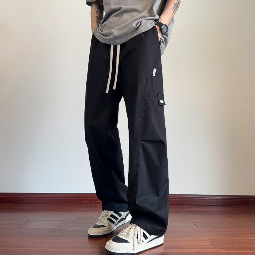 
Dingfengbaoluo pure cotton work pants men's retro versatile American casual handsome scimitar wide-leg long pants ZX02 black XL