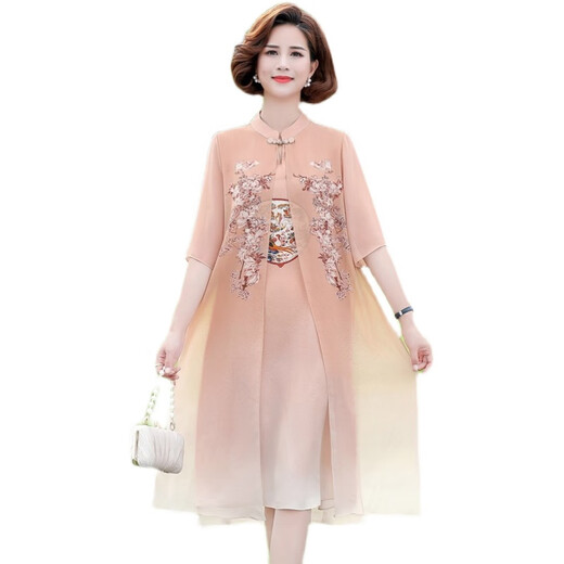 皮尔卡丹（PIERRE CARDIN）胖妈妈夏装旗袍连衣裙子夏季雪纺裙大码2025新款中年女夏款洋气质 6628卡其 XL 建议115斤以内