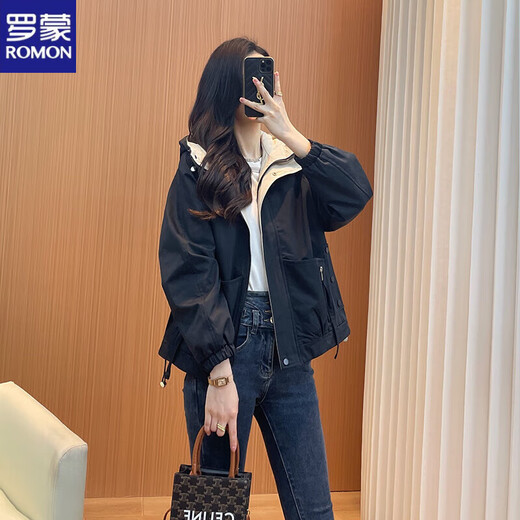 ROMON 2025 new style windbreaker jacket for women, spring and autumn style, hooded, casual, versatile, small, short, sports black, black (2321 without/velvet) M 110Jin Jin is equal to 0.5 kg within