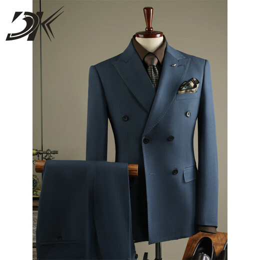 DK high-end men's lapel suit suit men's double-breasted jacket casual business formal groomsman wedding suit dark gray stripes (suit + vest + trousers) 6XL suitable (185-200)