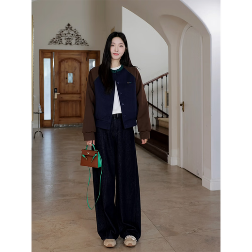 郭九九呢 复古撞色绣花插肩袖棉服毛呢外套弯刀牛仔裤 G924T17152 外套-藏青拼咖 XL