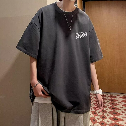 POUM Camiseta de manga corta Tendencia de verano para hombres Simple Cotton Top Hong Kong Style Loose Casual Trendy Brand Camiseta MSL-C671 Black L [sugerido 120-135 Jin [Jin iguala 0.5 kg]]