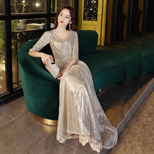 Su Lai champagne color Xi mother-in-law spring and summer style mother-in-law mid-length skirt can usually be worn at weddings and high-end mother-in-law dresses. Champagne gold mid-length skirt length 100 L L (recommended 110-120 Jin Jin equals 0.5 kg)