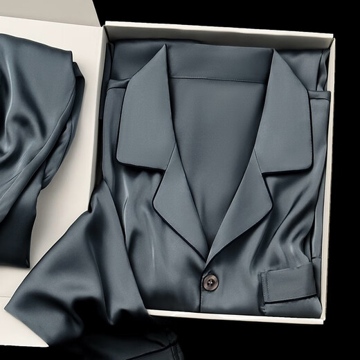 Modal silk pajamas men's long-sleeved spring and autumn high-end simple solid color big-name style loose casual home wear gift box set gray blue short sleeves + trousers 2XL recommended 160Jin Jin equals 0.5kg -180Jin Jin equals 0.5kg