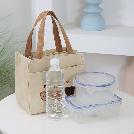 QUEEN TRIP Chinese Valentine's Day canvas handbag canvas bag large capacity simple office worker student versatile lunch box mommy work lunch embroidered three bear heads-khaki