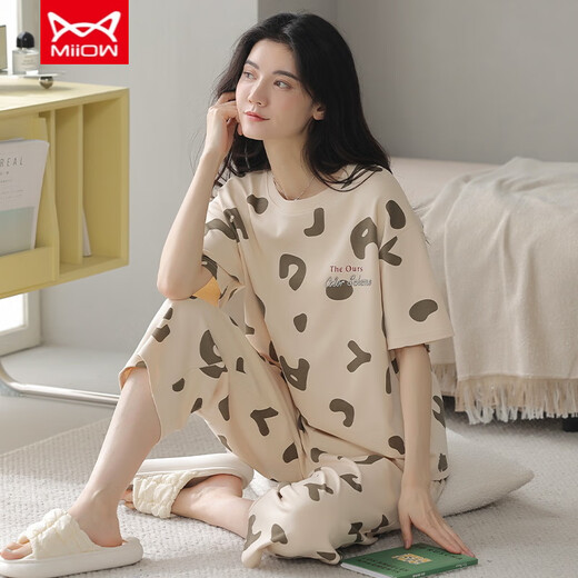 
Cat Man (MiiOW) pure cotton pajamas for women in summer short-sleeved cropped pants sports style loose and casual can be worn outside spring home clothing suit T-9854 (short suit) M (80-100Jin [Jin equals 0.5 kg])