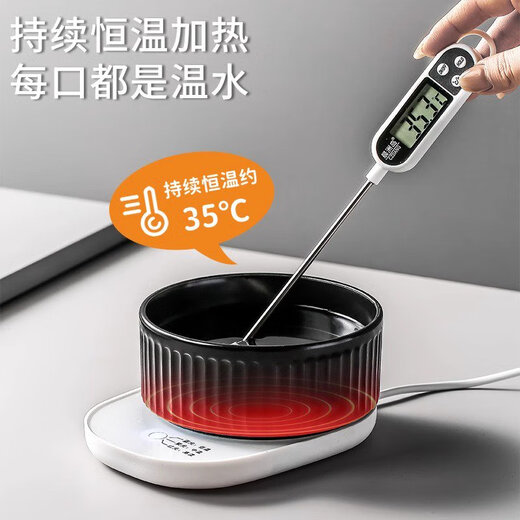 Cat Bowl Keramik konstante Temperatur Katzenwasserspender Wasserschale Heizung Winter Wasserschale Joghurtmaschine Katzenfutter Schüssel Kätzchen Schüssel 550 ml weißes vertikales Muster Keramikschale + Dreigang Temperatur