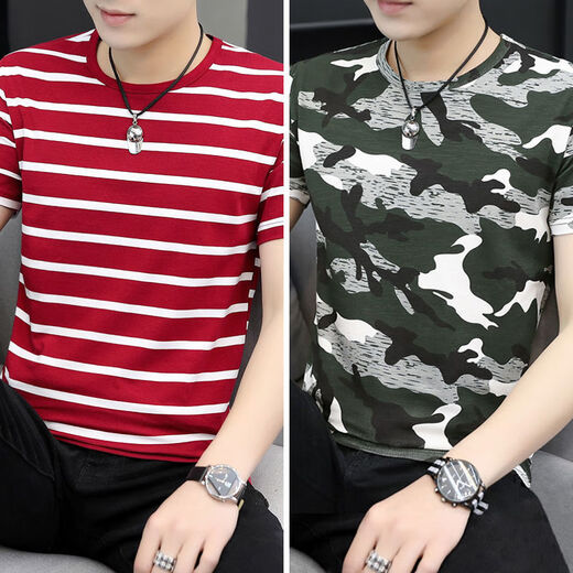 Liyunhouse 3519 Menschen sammeln Frühlings- und Sommer neue koreanische Streifenjungen kurzärmeliges T-Shirt für mittlere und junge Menschen rund Hals Caom Casual Base Two-Tiefe Striped Blue + Striped White M.