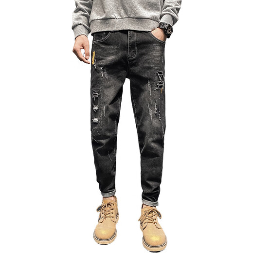 Fat Donglai Men's Ripped Jeans Summer Fashion Brand Slim Feet 2025 New Summer 6636 Black. 31