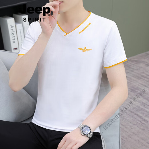 JEEP SPIRIT high quality thin white men's v-neck short-sleeved t-shirt base shirt youth top summer new pure cotton t-shirt black Q694 short sleeve M