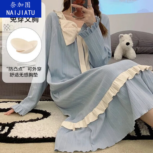 奈加图加长版自带胸垫睡裙短袖宽松学生睡衣女夏季公主风宿舍过膝可外穿 【带胸垫】16853加版 M