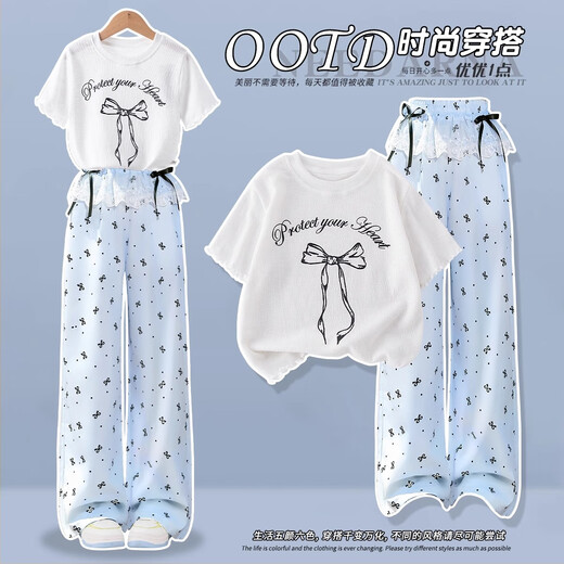 小猪彼特女童夏季套装2025年新款儿童韩系甜美穿搭夏日大童夏装两件套洋气 19060白色+15265绿色 170 cm