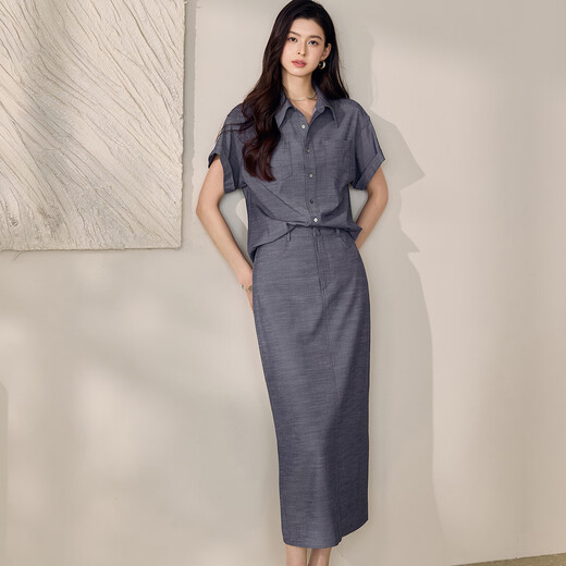 Roeyshouse Luoyi Camisa retro casual Traje 2025 Summer NUEVA FALLA COLOR SOLIDA SET SET DOS PIEZAS 12398 Denim azul XL