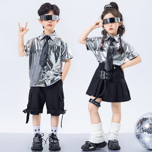 Tecnología para niños de Poresno Catwalk Sense Catwalk Catwalk 1 de junio Caderas de baile de la calle Termina de tendencia de jazz Jazz Boys Future Drum Set de mangas cortas: A694 Top de cuero brillante plateado + B317 Negro 110 cm Tamaño de un solo tamaño