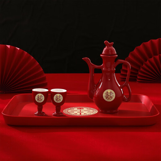 Meikejie Wedding Toast Cup Wedding Banquet Ceramic Wine Pot Chinese Wedding Cup Wine Divider Festive Set Chinese Red Wine Set Gold Bottom Happy 1 Pot + 2 Cups