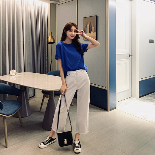 
Cool Chapter (KUZHANG) Hong Kong style burgundy T-shirt for women short-sleeved 2024 new summer blue yellow solid color loose shoulder top pure cotton white 3895 S