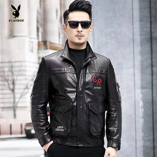 Playboy (PLAYBOY) 2025 New Autumn and Winter Slim Motorcycle Flying Leather Texture Trendy Handsome Jacket Stand Collar Casual Men's Jacket Black - Single Leather L 170 Size - 115-125 Jin Jin is equal to 0.5 kg