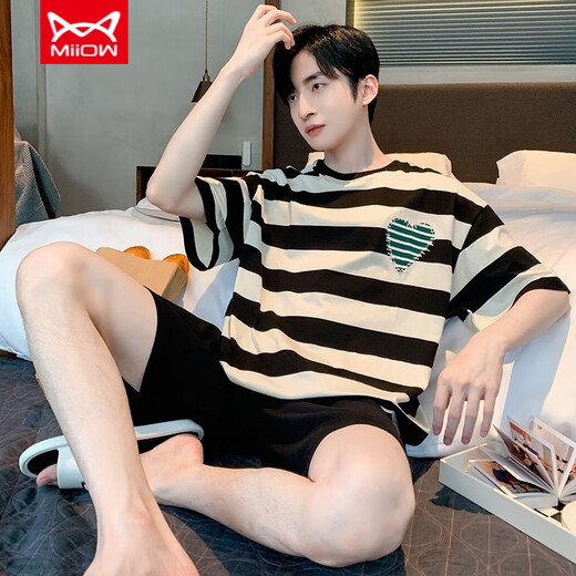 Catman (Miiow) reines Baumwollkurzarmpyjama für den Sommer-Dünnstil von Männern kann außen für Teenage Stripes Herren Home Clothes Lose Summer Style A679 L (empfohlen 115-135 Jin [Jin gleich 0,5 kg]) getragen werden.