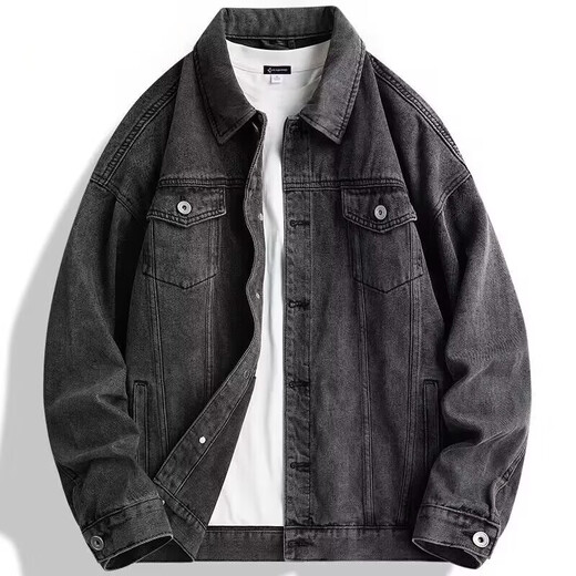 Large size wear-resistant denim jacket men's casual style jacket autumn and winter new youth casual style work jacket gray L recommended 100-120Jin Jin equals 0.5 kg