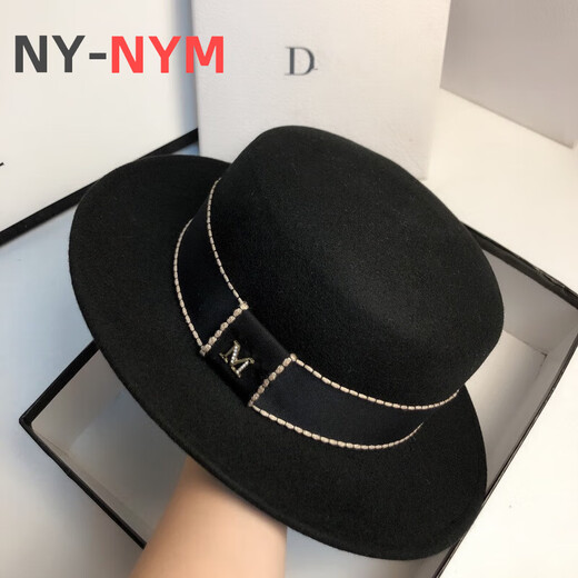 NY-NYM autumn and winter woolen French socialite white flat top hat female British retro fashion Hepburn hat black adjustable