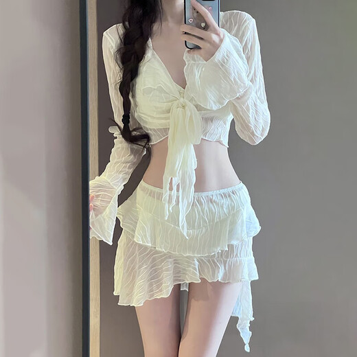 Lu Geli Bikini Swimsuit Women's Hot Spring High-end Four-Piece Set Small Fresh and Sexy Split Beach Vacation Swimsuit White Bikini Set [Suggested 90-120 Jin [Jin equals 0.5 kg]]