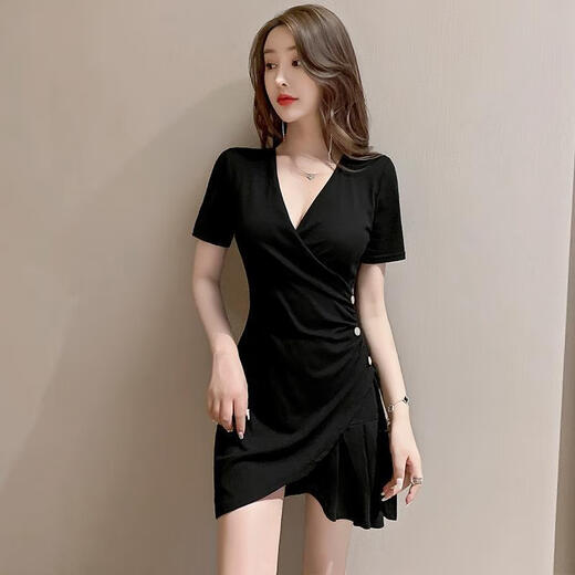忆静萱（YIJINGXUAN）2025夜店时尚气质轻熟风御姐V领连衣裙女300斤收腰显瘦不规则裙子 黑色 XL 建议120-150斤