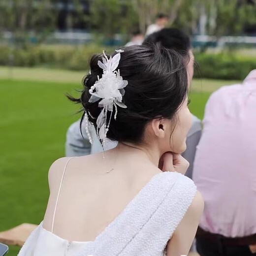 Olevo new flower bridal headdress fairy style edge clip tassel clip Korean fashion wedding dress wedding high-end hair accessories crystal transparent tassel clip set