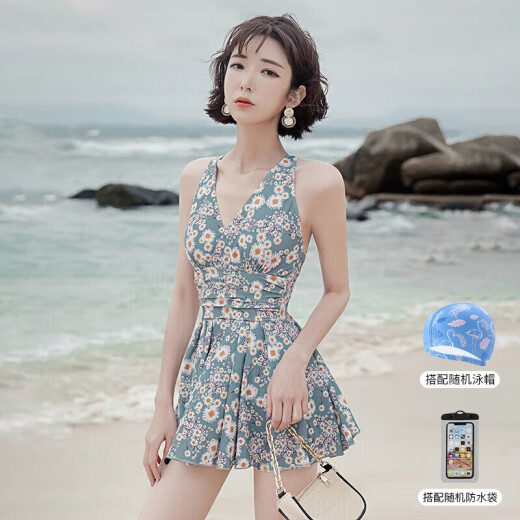 佑游游泳衣女泡温泉保守遮肚显瘦女士性感连体泳装三件套12122蓝色L