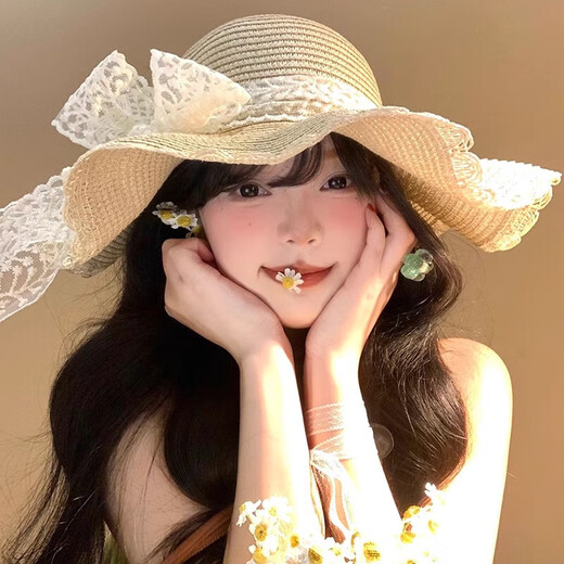 U&MUDI法式蕾丝蝴蝶结草帽女夏海边沙滩波浪边大帽檐太阳帽遮阳防晒帽子 米色蕾丝 均码