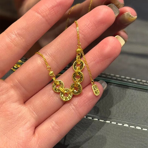 QMXD New Chinese Style Crushed Ice Five Emperors Money Necklace Women's High-end Light Luxury Niche Clavicle Chain Gold Super Flash Sweater Chain Five Emperors Money Necklace