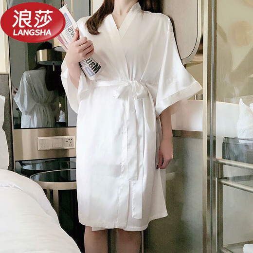 LangSha sexy new bridesmaid dressing gown collar ice silk pajamas women's home wear spring and summer mid-length nightgown OAF215+244 black strappy nightgown XL (116-125Jin Jin equals 0.5kg)