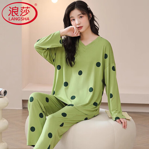 浪莎（LangSha）轻奢莫代尔女士睡衣春秋套装薄款冰丝长袖秋季可外穿大码家居服 【莫代尔V领】3882 XL 【建议120-140斤】