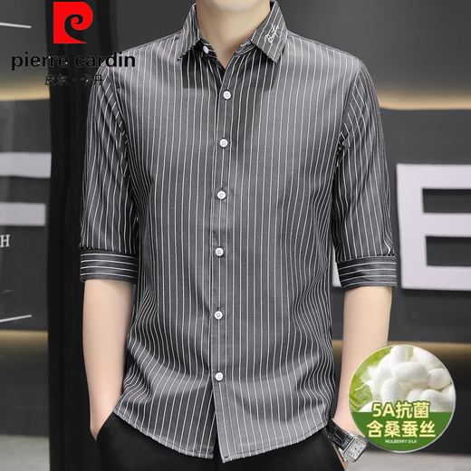 Pierre cardin summer mulberry silk quarter sleeve shirt men striped casual slim men shirt trendy mid-sleeved top clothes 683 gray 4XL