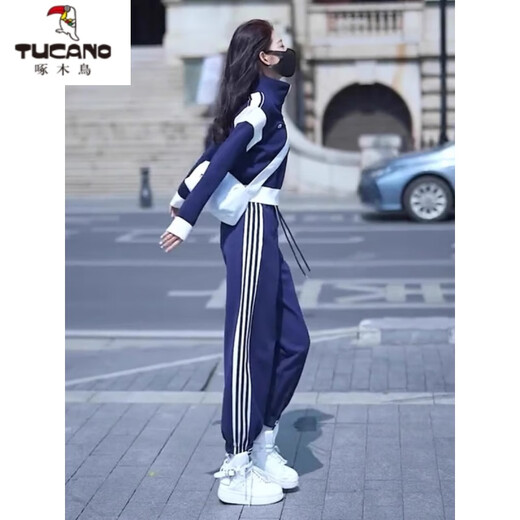 Woodpecker sports suit for women Spring and Autumn 2025 new style street-fried leisure sports two-piece set fashionable and fashionable, age-reducing Tibetan blue regular style [723] L [recommended 110-120Jin [Jin equals 0.5 kg]]
