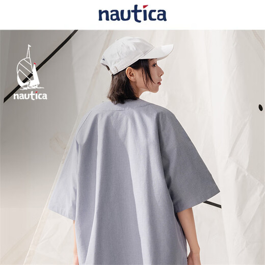 nautica white sail白帆×cityboy 日系中性宽松牛津纺圆弧领多袋短袖衬衫WW5266 灰色02F 2XL