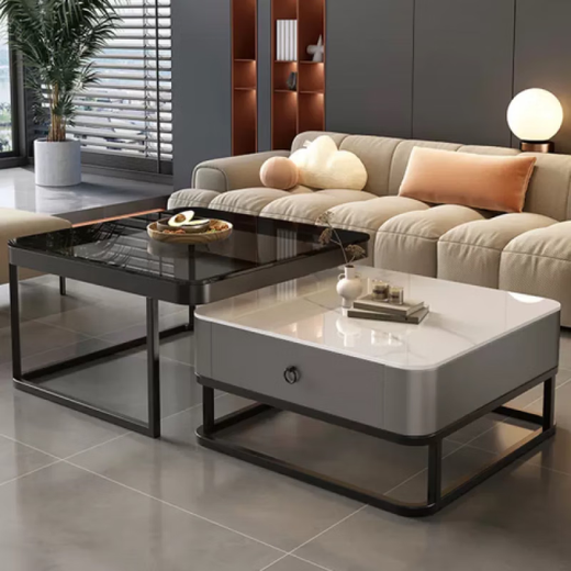 Yinhe light luxury coffee table living room home modern simple small apartment internet celebrity square glass slate coffee table TV cabinet combination black frame gray cabinet 60 gloss snow mountain white + 70 black glass square glossy slate