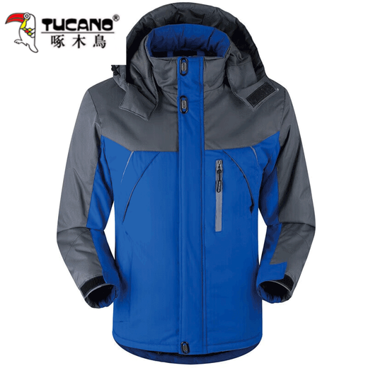 Woodpecker hooded cotton coat men's autumn and winter thickened velvet and cold-proof work protective clothing outdoor jackets red velvet warm XL recommended 105-135Jin Jin equals 0.5 kg