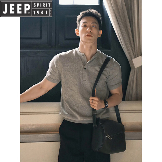 JEEP SPIRIT gray henley collar short-sleeved polo shirt men's summer cuffs fitness sports t-shirt American muscular half-sleeve gray XL (suitable) 130-145Jin Jin equals 0.5 kg