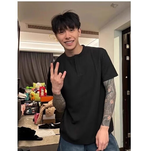 NYING美式亨利领短袖t恤男25夏季新款潮牌华夫格大码宽松五分半袖上衣 灰色 XL （130-150斤）