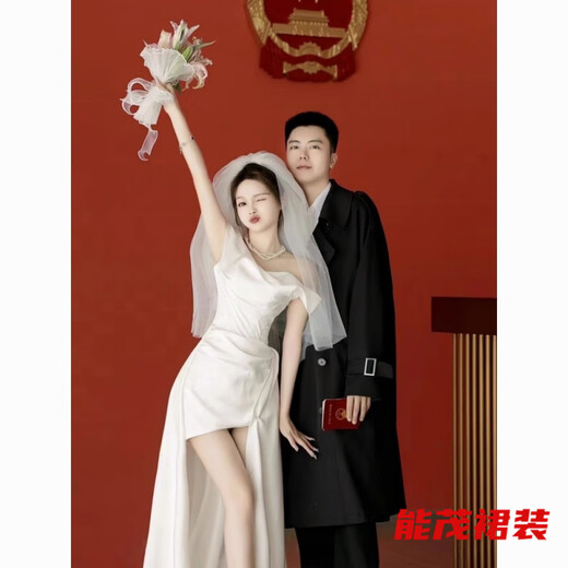 萱眸一字肩法式轻婚纱缎面感鱼尾出门纱小个子领证小白裙订婚礼服 白色 L