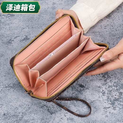 芸洛新款时尚印花钱包女款大容量随身带拉链长款钱包手拿包手机包 咖色