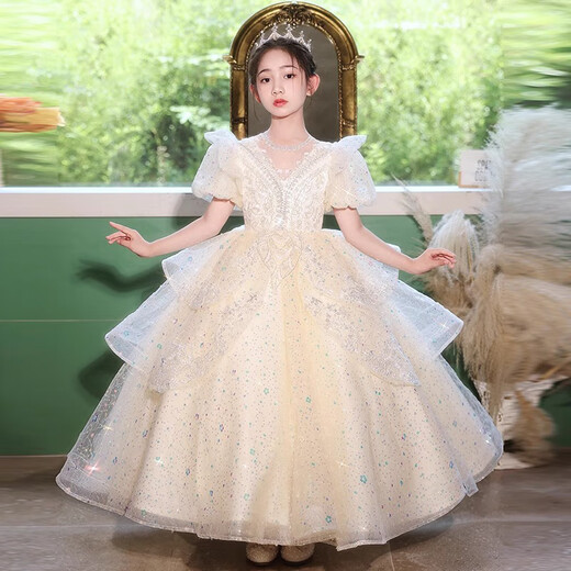 
Hanqi high-end girl princess dress summer puffy girl birthday flower girl wedding dress piano performance dress shallow champagne 120 suitable for weight 40-45 Jin [Jin equals 0.5 kg]