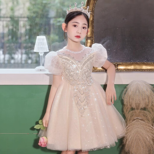 
Bamino girls' dress light luxury summer children's piano performance suit birthday flower girl host princess dress champagne 140